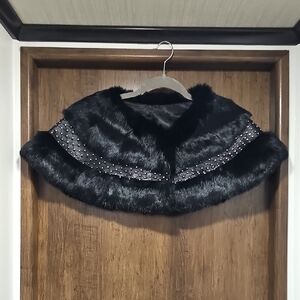 Beautiful Rabbit shrug wrap black rabbit fur, leather, and Rhinestones